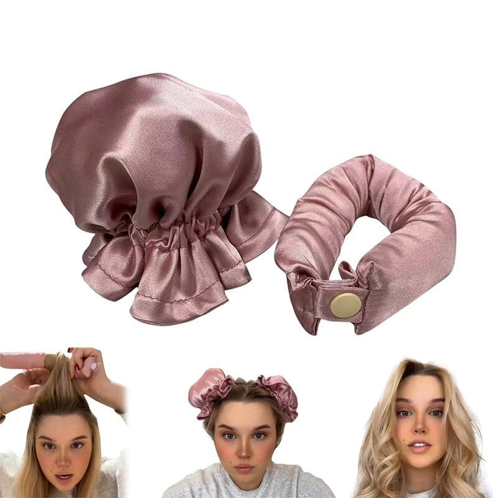 Värmefri curlinghatt i ljusrosa satintyg, skonsam hårstyling utan värme för enkel och bekväm lockbildning.