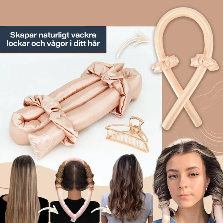 "Värmefritt hårpaket för naturliga lockar i blå, gul, rosa; skum och bomull; skonsam, enkel att använda."