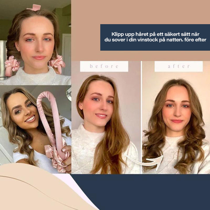 "Värmefritt hårpaket för naturliga lockar i blå, gul, rosa; skum och bomull; skonsam, enkel att använda."