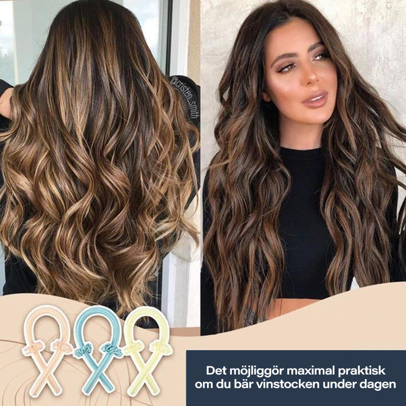 "Värmefritt hårpaket för naturliga lockar i blå, gul, rosa; skum och bomull; skonsam, enkel att använda."