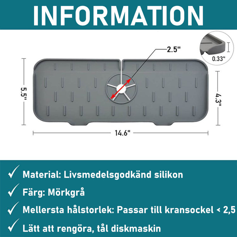 Vattenabsorberande silikonmatta för kök, vit, passar runt kran, fångar vattendroppar, håller bänkskivan torr.