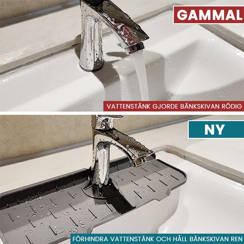 Vattenabsorberande silikonmatta för kök, vit, passar runt kran, fångar vattendroppar, håller bänkskivan torr.
