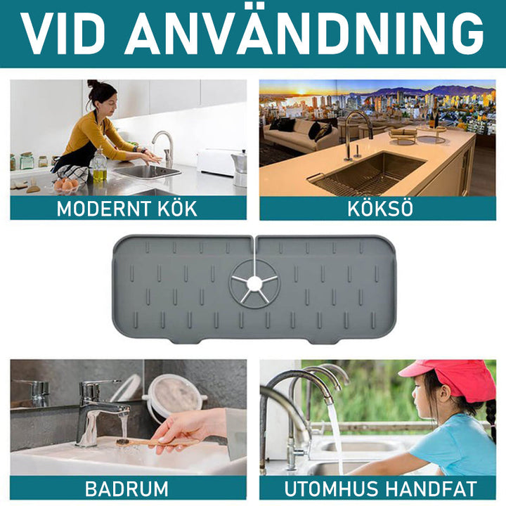 Vattenabsorberande silikonmatta för kök, vit, passar runt kran, fångar vattendroppar, håller bänkskivan torr.
