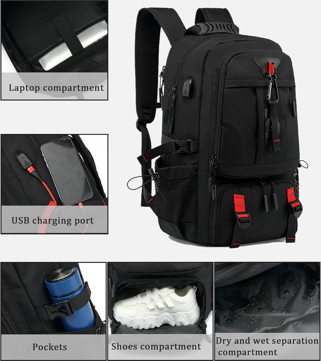Stor unisex reseryggsäck med rymligt skofack och stöldskydd, idealisk för organiserat bagage.