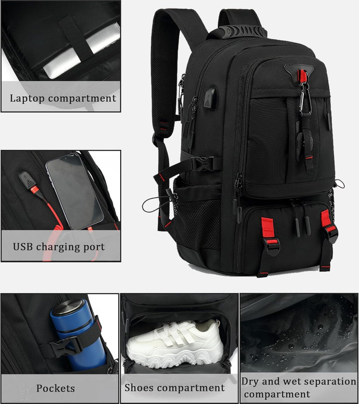 Stor unisex reseryggsäck med rymligt skofack och stöldskydd, idealisk för organiserat bagage.
