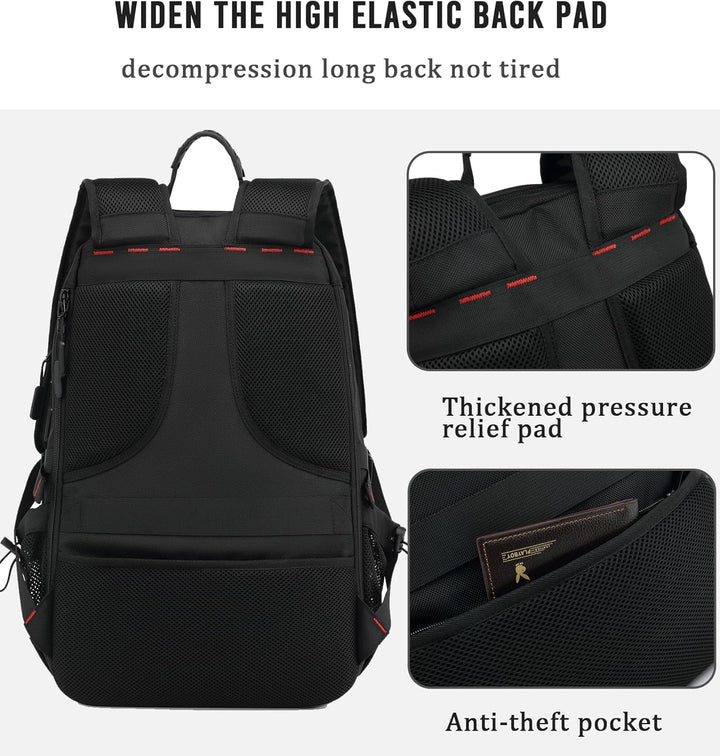 Unisex 60L laptopryggsäck, stående med full packning, visar smarta fack och robust design.
