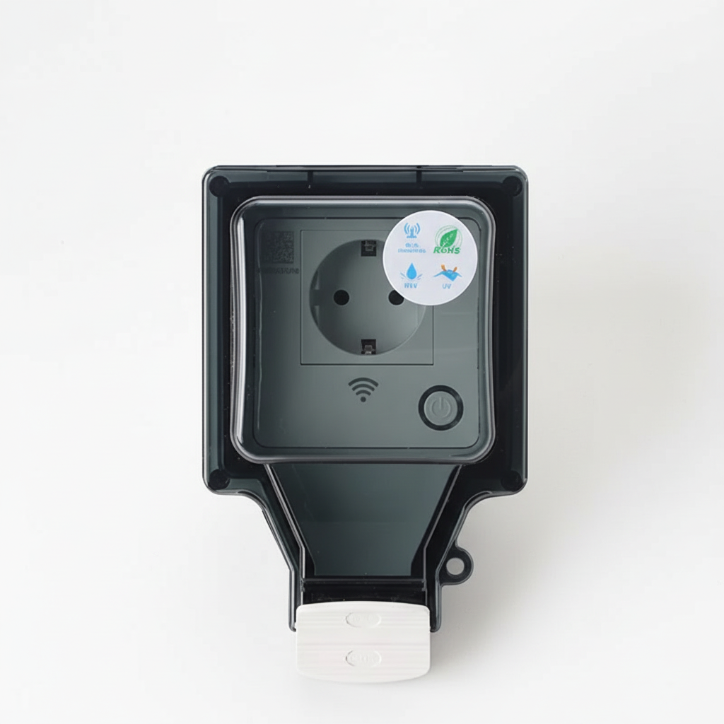 Smart Wi-Fi utomhusstickkontakt installerad i trädgårdsmiljö, förenklar kontroll av pump eller belysning.