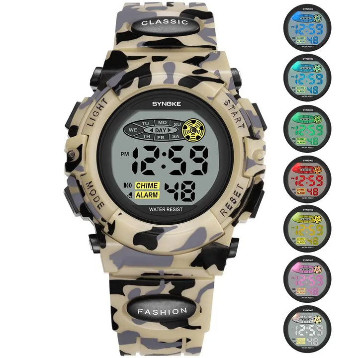 Bekväm digital barnklocka med mjukt silikonarmband. Vattentät och tålig med tydlig LED-display.