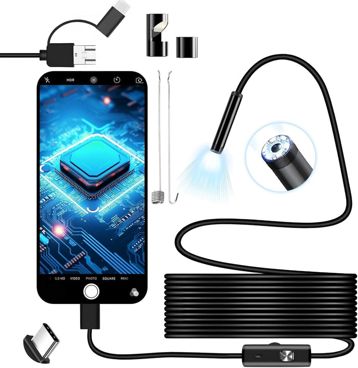 Vattentät HD endoskopkamera med flexibel kabel & starkt LED-ljus. Perfekt för detaljerad inspektion.