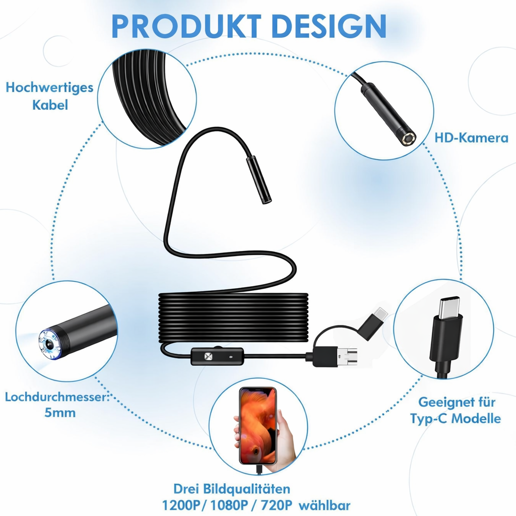 Flexibel inspektionskamera för hantverkare/DIY. Se in i väggar & ventiler med HD-kvalitet & LED-ljus.