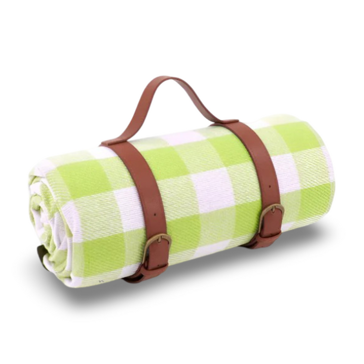 Klassisk rutig picknickfilt, vattentät och enkel att bära med handtag till stranden.