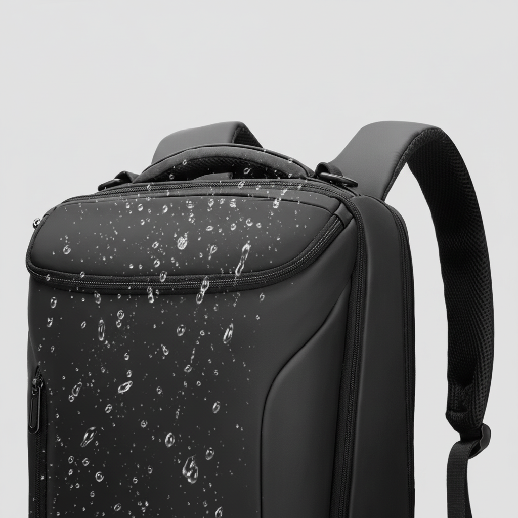 Detaljbild på den vattentäta ytan hos den eleganta businessryggsäcken, perfekt för att skydda din laptop.