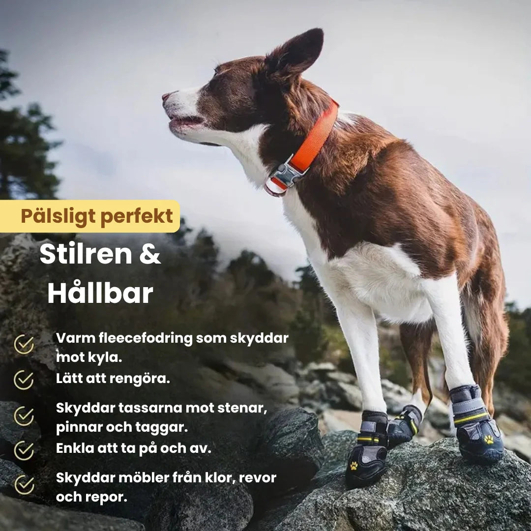Ergonomiska reflekterande hundskor med halkfri sula. Vattentäta och ger utmärkt tassskydd.
