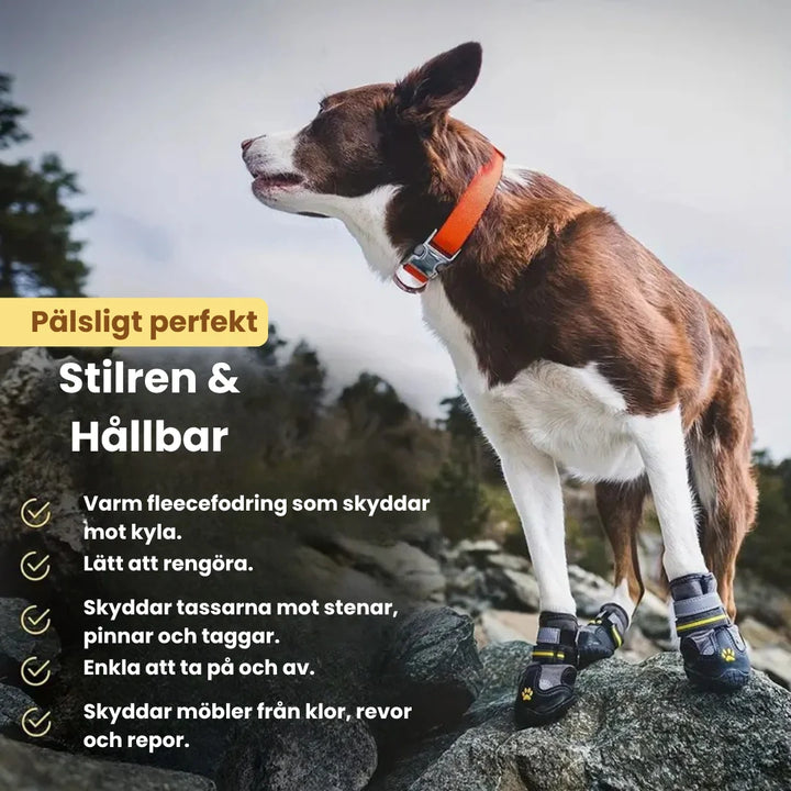 Ergonomiska reflekterande hundskor med halkfri sula. Vattentäta och ger utmärkt tassskydd.