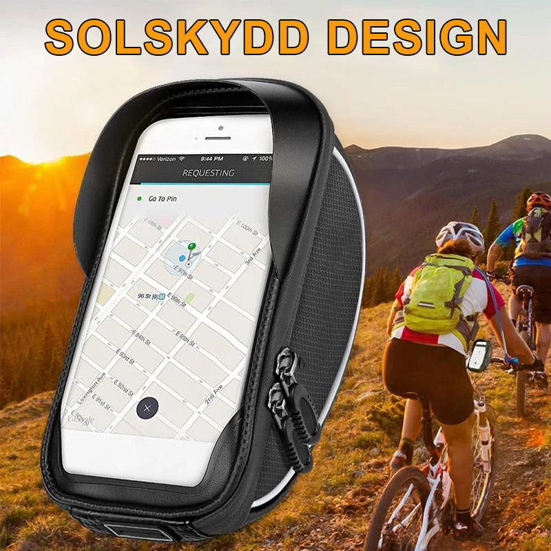 "Vattentät cykelväska med touchscreen och reflexer, svart design, passar för cyklar, skyddar tillhörigheter i alla väder."