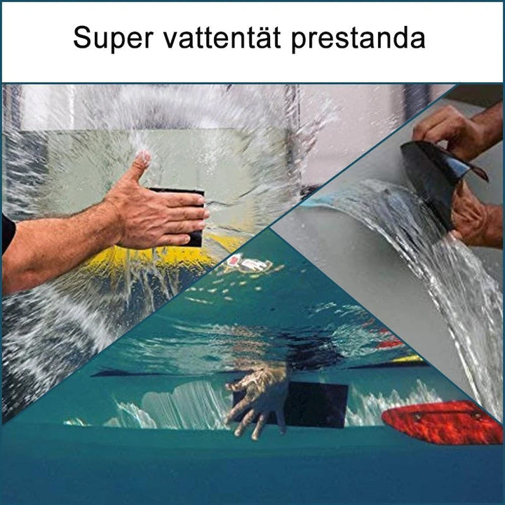 "Vattentät gummitejp på träyta, svart färg, extrem vidhäftning för alla ytor och väder, idealisk för reparationer."