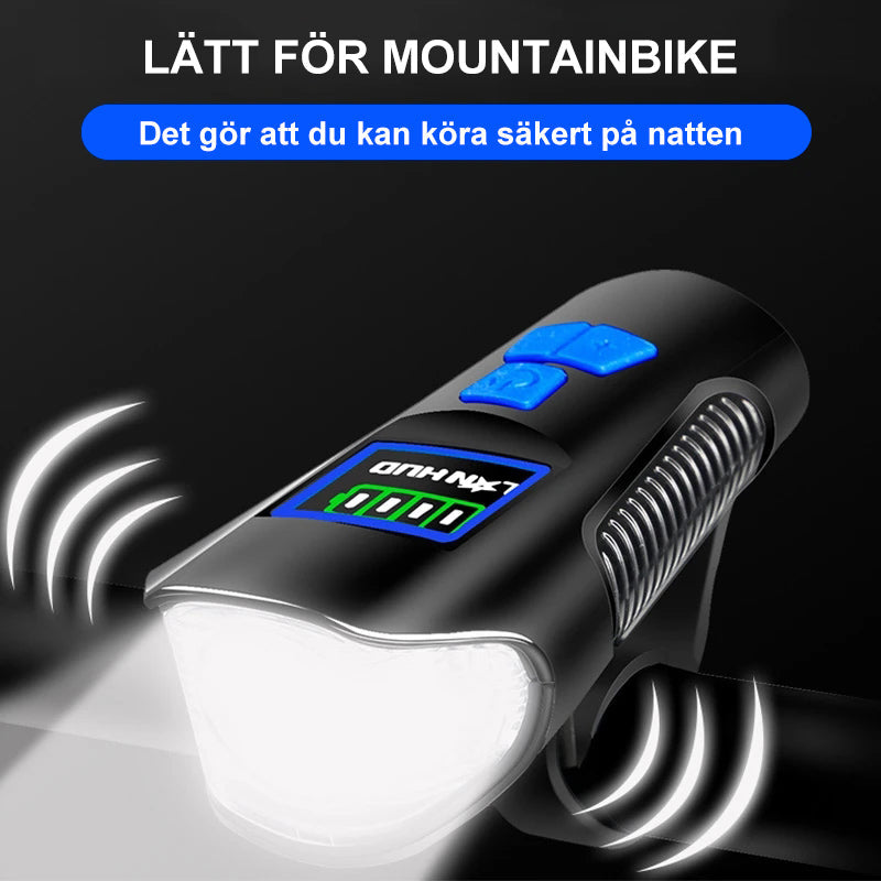 "Vattentät LED-cykellampa, robust design av ABS, justerbart ljus för nattsäkerhet. Perfekt för utomhusaktiviteter."