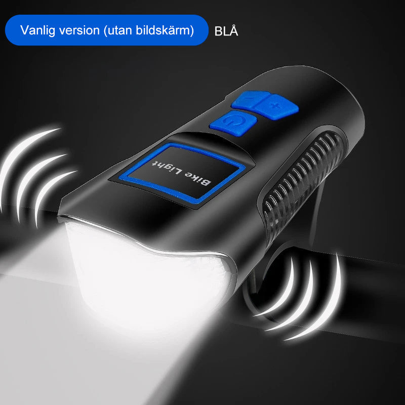 "Vattentät LED-cykellampa, robust design av ABS, justerbart ljus för nattsäkerhet. Perfekt för utomhusaktiviteter."