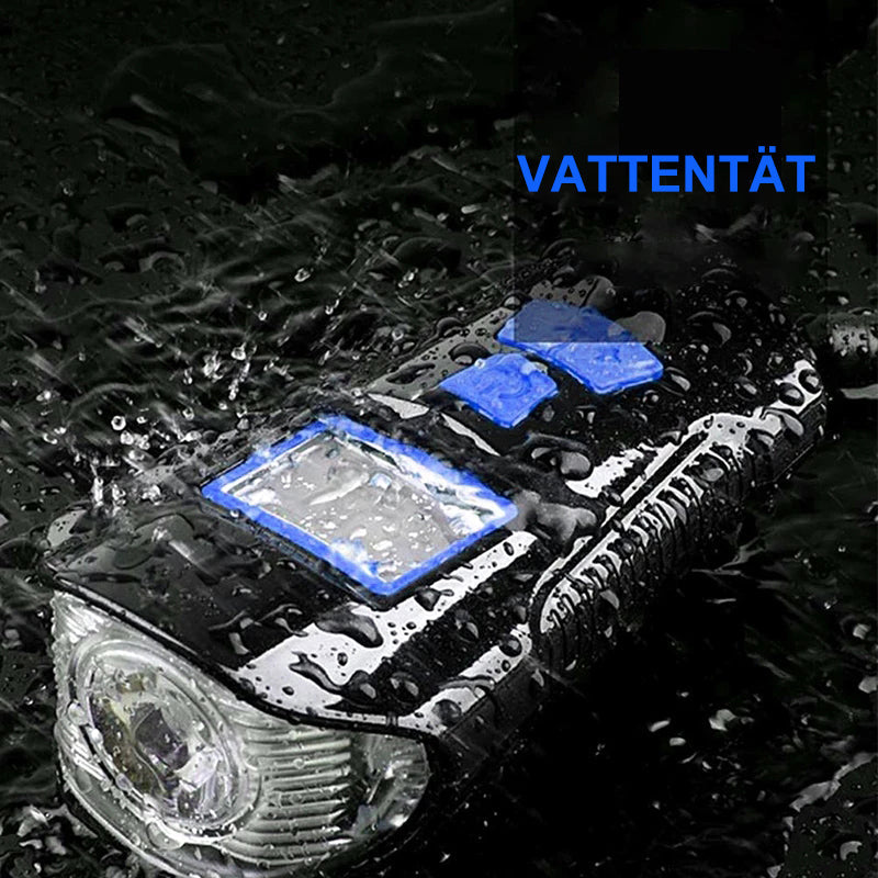 "Vattentät LED-cykellampa, robust design av ABS, justerbart ljus för nattsäkerhet. Perfekt för utomhusaktiviteter."