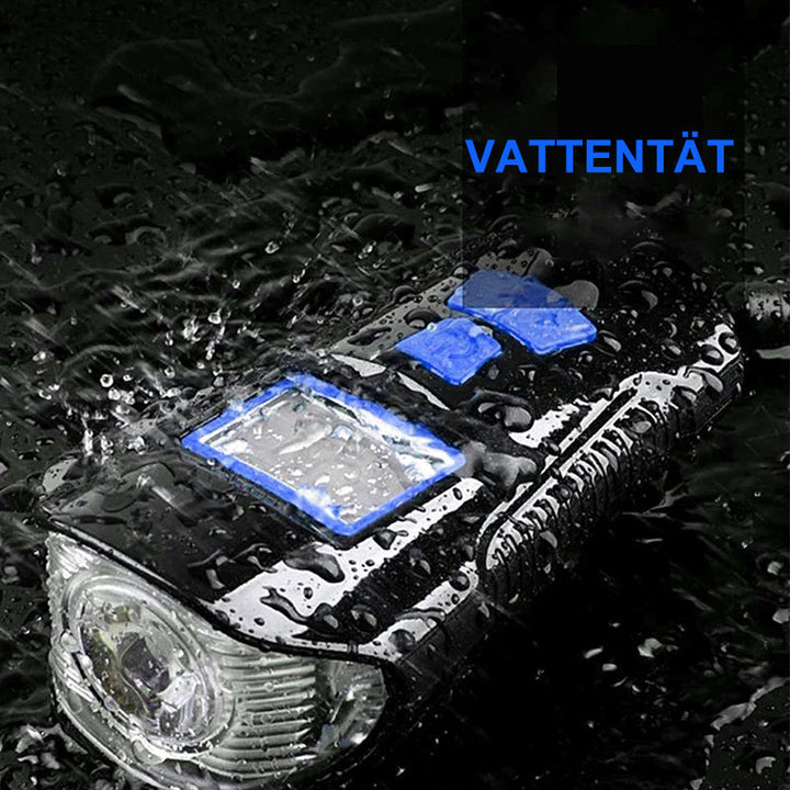"Vattentät LED-cykellampa, robust design av ABS, justerbart ljus för nattsäkerhet. Perfekt för utomhusaktiviteter."