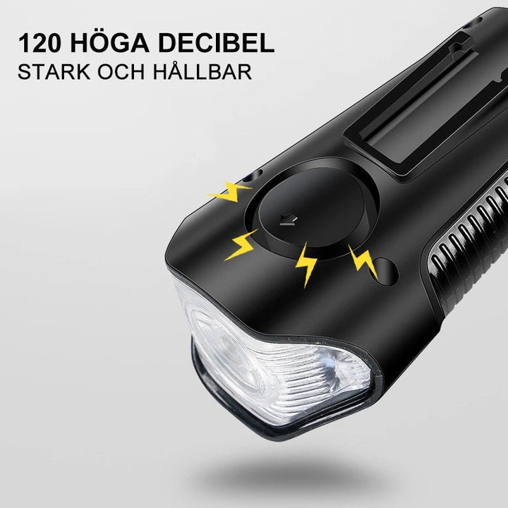 "Vattentät LED-cykellampa, robust design av ABS, justerbart ljus för nattsäkerhet. Perfekt för utomhusaktiviteter."