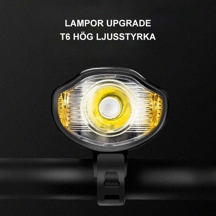 "Vattentät LED-cykellampa, robust design av ABS, justerbart ljus för nattsäkerhet. Perfekt för utomhusaktiviteter."