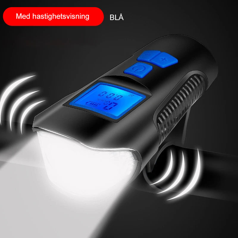 "Vattentät LED-cykellampa, robust design av ABS, justerbart ljus för nattsäkerhet. Perfekt för utomhusaktiviteter."