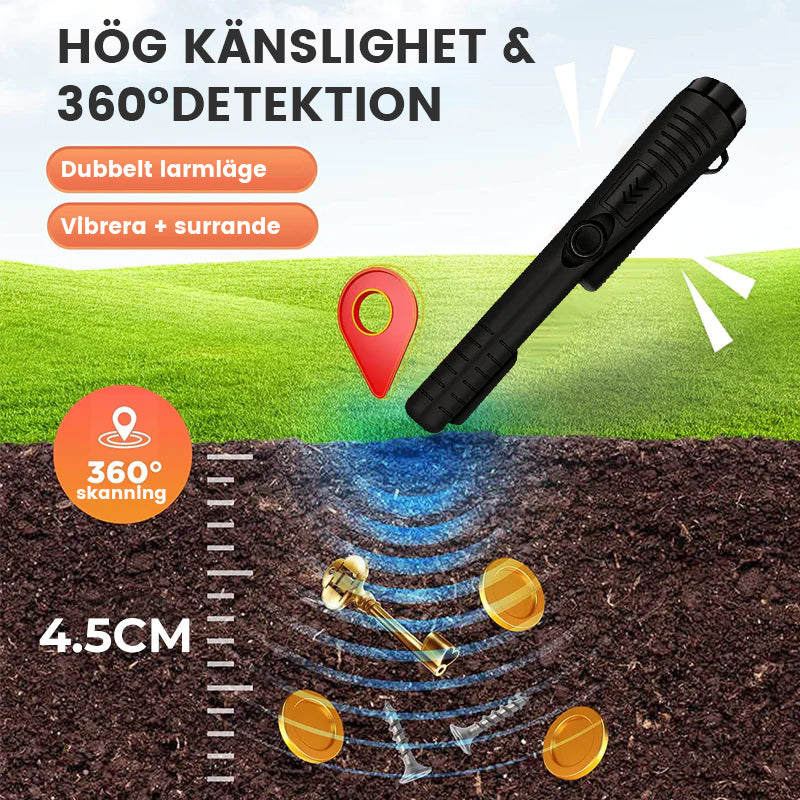 "Vattentät metalldetektor med 360°-detektion, kompakt svart design, för skattsökning i olika miljöer, både land och vatten."