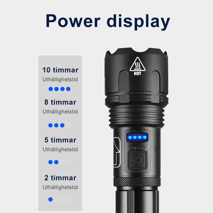 "Vattentät militär ficklampa, aluminium, 5 lägen, 12 000 lumens, svart design, robust och kompakt för extrema äventyr."