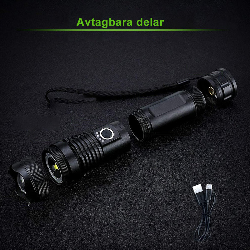 "Vattentät militär ficklampa, aluminium, 5 lägen, 12 000 lumens, svart design, robust och kompakt för extrema äventyr."