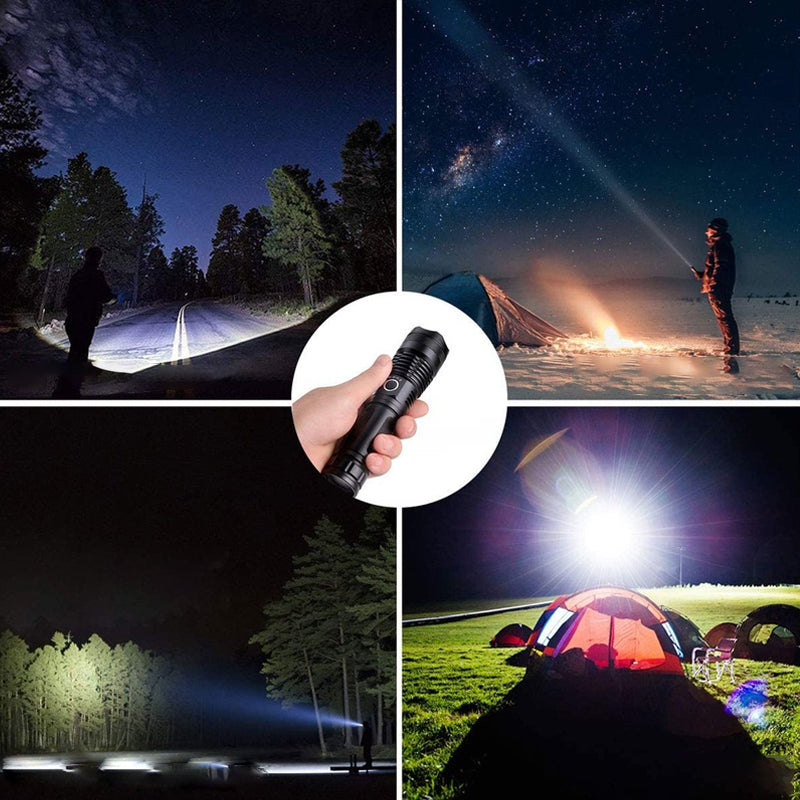 "Vattentät militär ficklampa, aluminium, 5 lägen, 12 000 lumens, svart design, robust och kompakt för extrema äventyr."