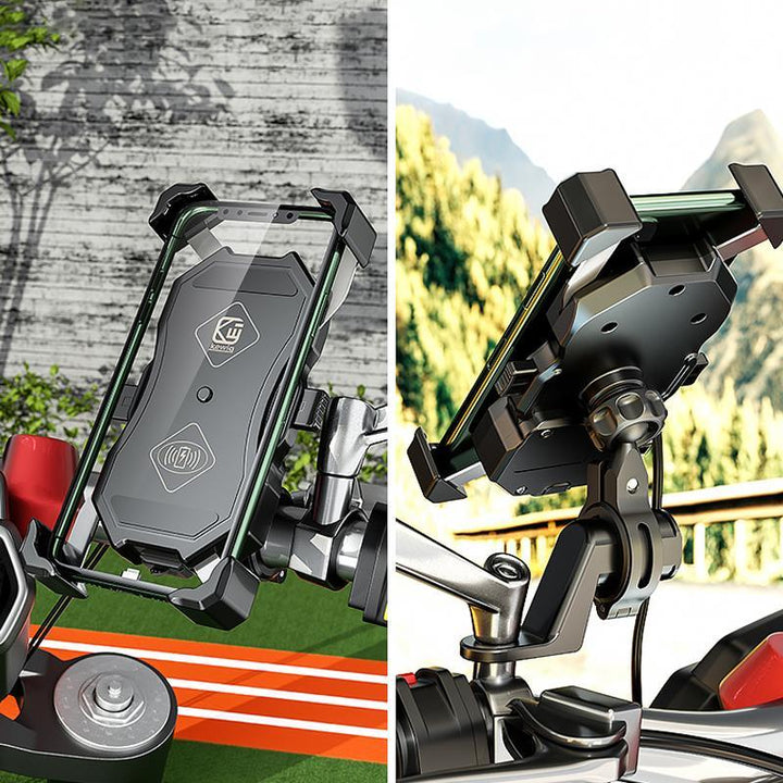 "Vattentät mobilhållare på motorcykel med trådlös laddning, svarta detaljer och 360° rotation för säker användning."