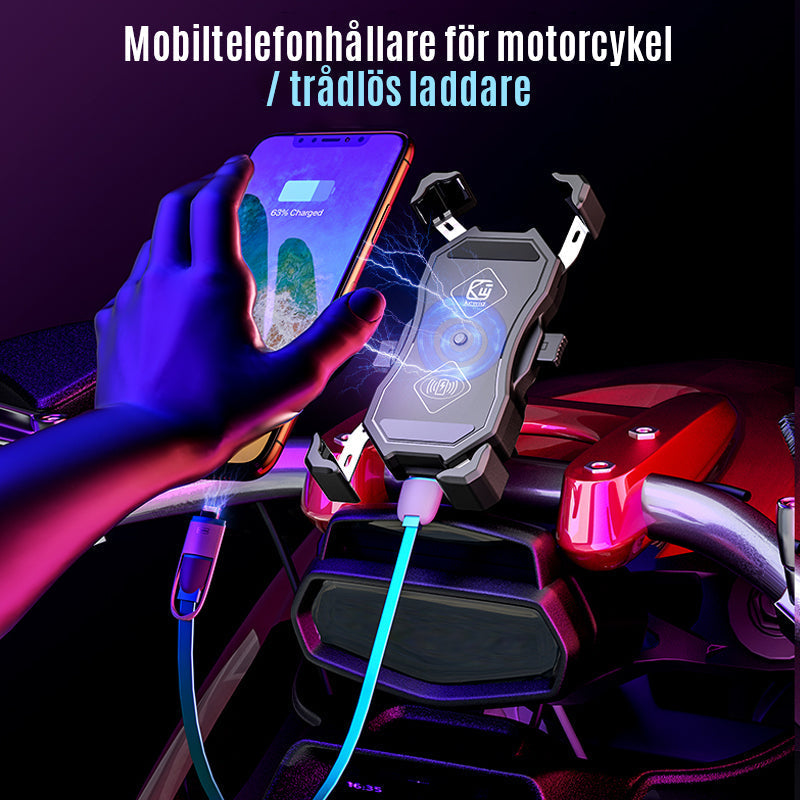 "Vattentät mobilhållare på motorcykel med trådlös laddning, svarta detaljer och 360° rotation för säker användning."