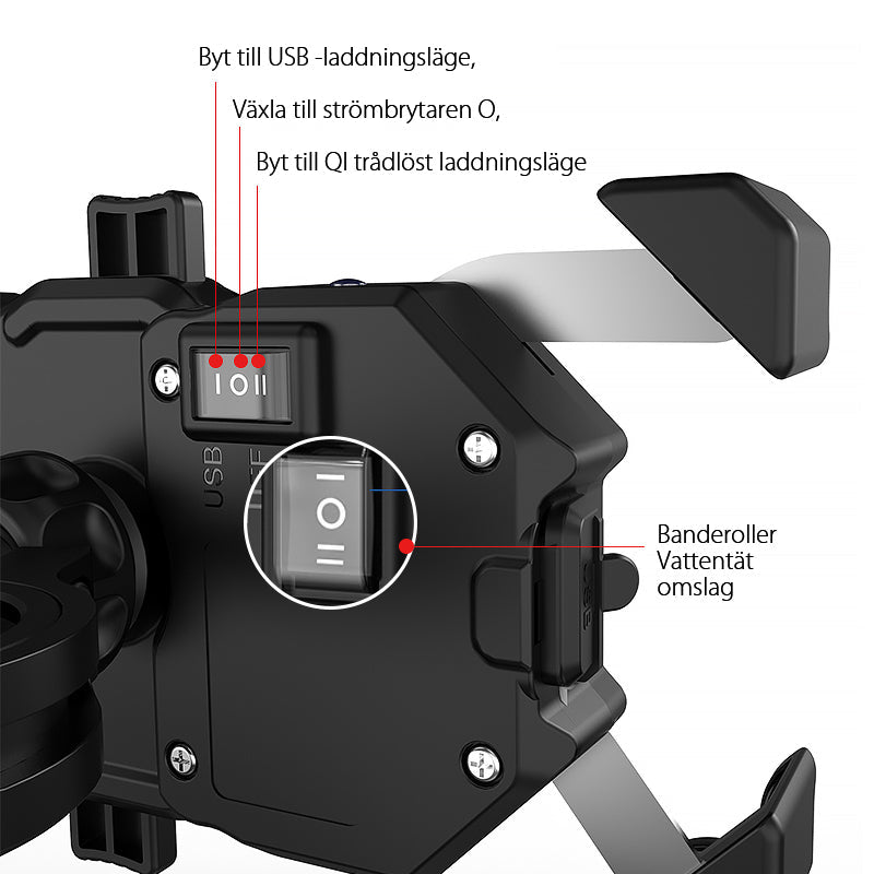 "Vattentät mobilhållare på motorcykel med trådlös laddning, svarta detaljer och 360° rotation för säker användning."