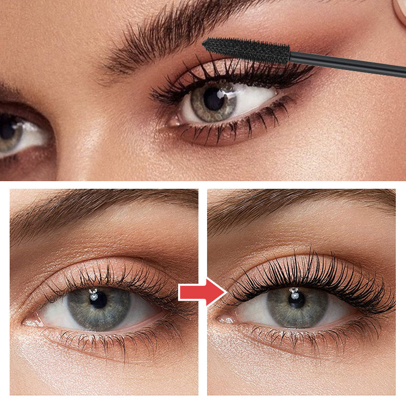 "Vattentät och svettsäker 4D mascara med borste för omedelbar volym. Långvarig, intensiv svart färg för dramatisk look."