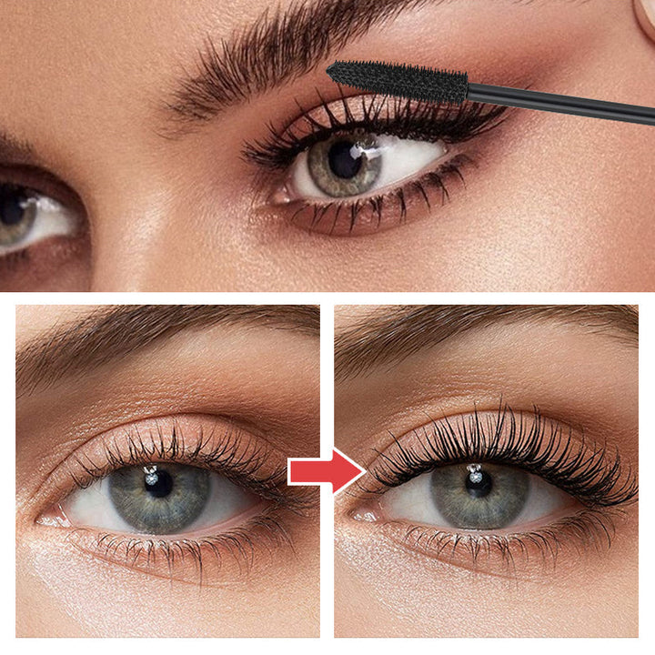 "Vattentät och svettsäker 4D mascara med borste för omedelbar volym. Långvarig, intensiv svart färg för dramatisk look."