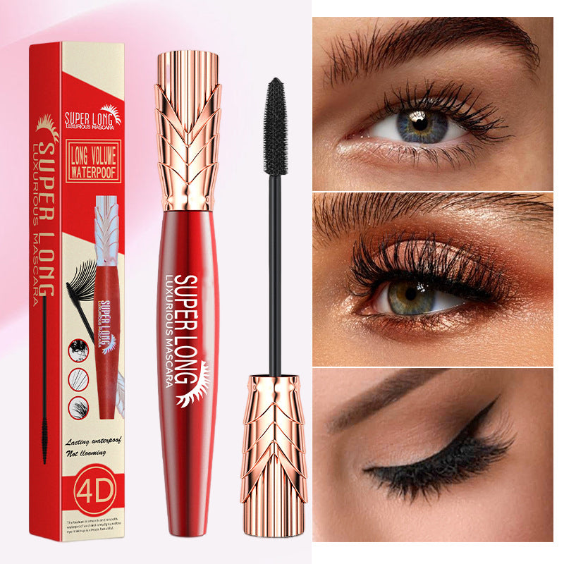 "Vattentät och svettsäker 4D mascara med borste för omedelbar volym. Långvarig, intensiv svart färg för dramatisk look."