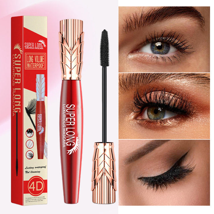 "Vattentät och svettsäker 4D mascara med borste för omedelbar volym. Långvarig, intensiv svart färg för dramatisk look."