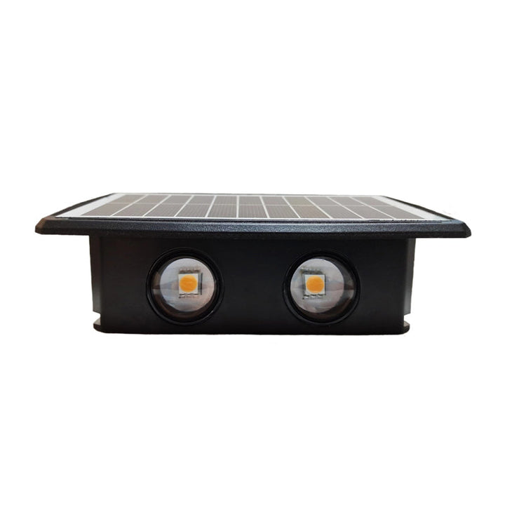 "Vattentät solar utomhus vägglampa med två ljuslägen, lyser uppåt och nedåt. Perfekt för trädgård eller uteplats."