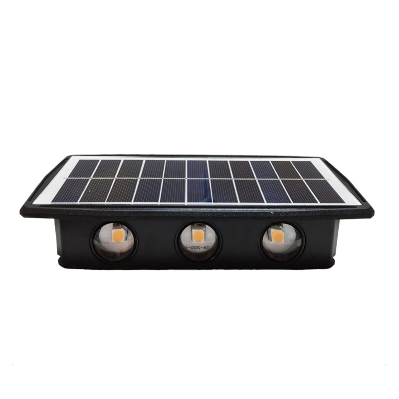 "Vattentät solar utomhus vägglampa med två ljuslägen, lyser uppåt och nedåt. Perfekt för trädgård eller uteplats."