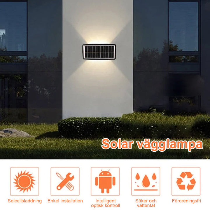 "Vattentät solar utomhus vägglampa med två ljuslägen, lyser uppåt och nedåt. Perfekt för trädgård eller uteplats."