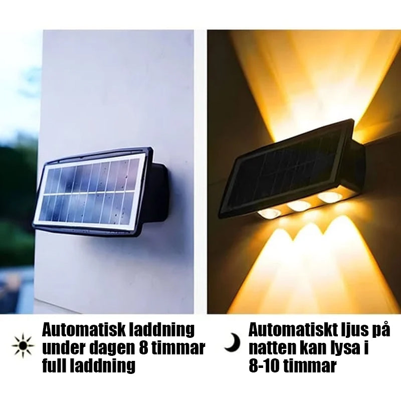 "Vattentät solar utomhus vägglampa med två ljuslägen, lyser uppåt och nedåt. Perfekt för trädgård eller uteplats."