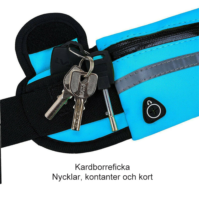 "Vattentät sportmidjeväska för utomhusaktiviteter, justerbar i ljusblått, skyddar ägodelar mot regn och smuts."
