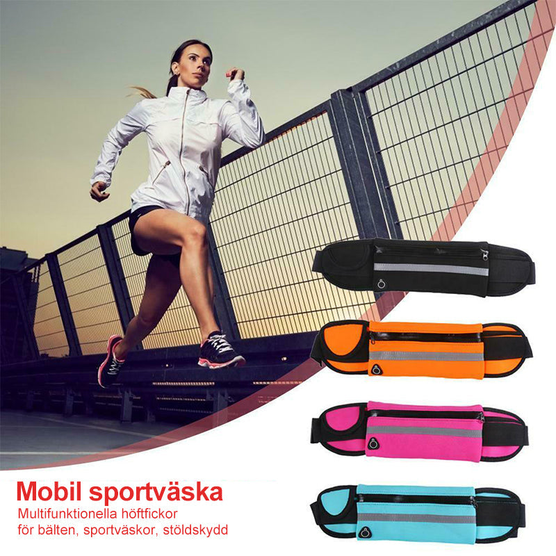 "Vattentät sportmidjeväska för utomhusaktiviteter, justerbar i ljusblått, skyddar ägodelar mot regn och smuts."