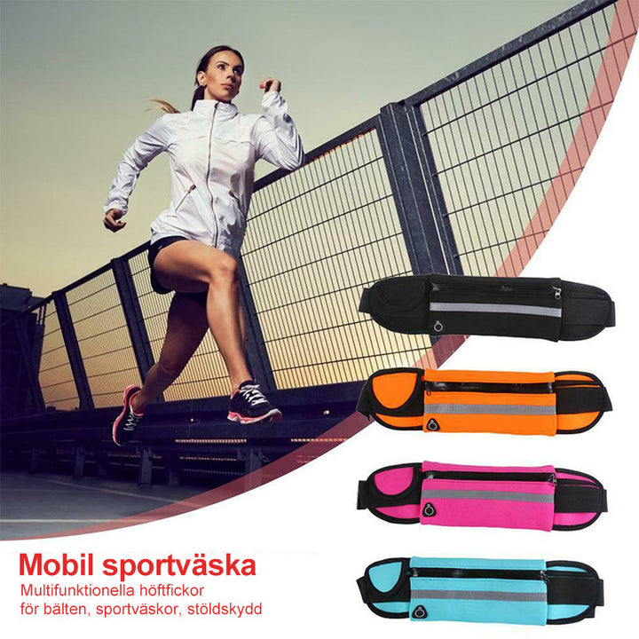 "Vattentät sportmidjeväska för utomhusaktiviteter, justerbar i ljusblått, skyddar ägodelar mot regn och smuts."