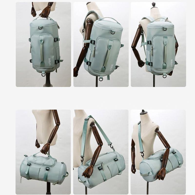 "Vattentät unisex ryggsäck/duffelväska, multifunktionell design, visad i olika färger: blå, mint, violett, rosa."