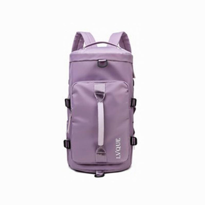 "Vattentät unisex ryggsäck/duffelväska, multifunktionell design, visad i olika färger: blå, mint, violett, rosa."