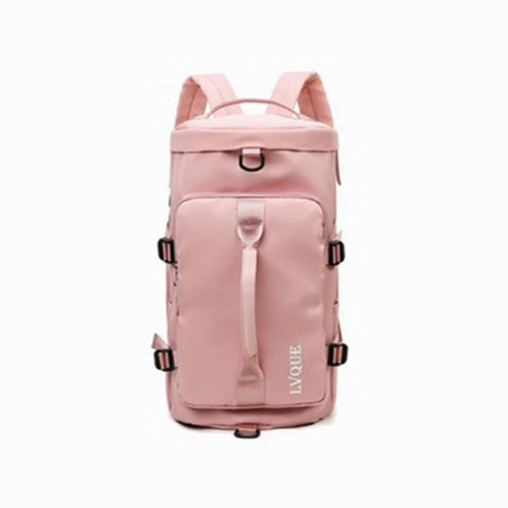 "Vattentät unisex ryggsäck/duffelväska, multifunktionell design, visad i olika färger: blå, mint, violett, rosa."
