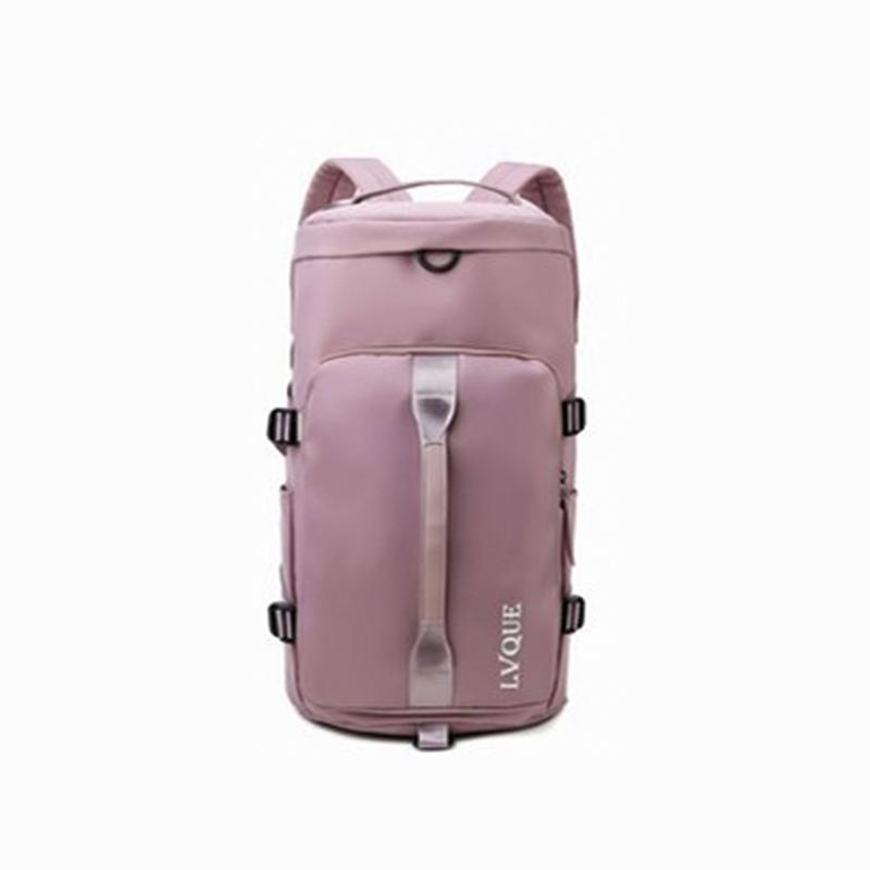 "Vattentät unisex ryggsäck/duffelväska, multifunktionell design, visad i olika färger: blå, mint, violett, rosa."