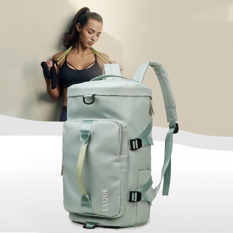 "Vattentät unisex ryggsäck/duffelväska, multifunktionell design, visad i olika färger: blå, mint, violett, rosa."